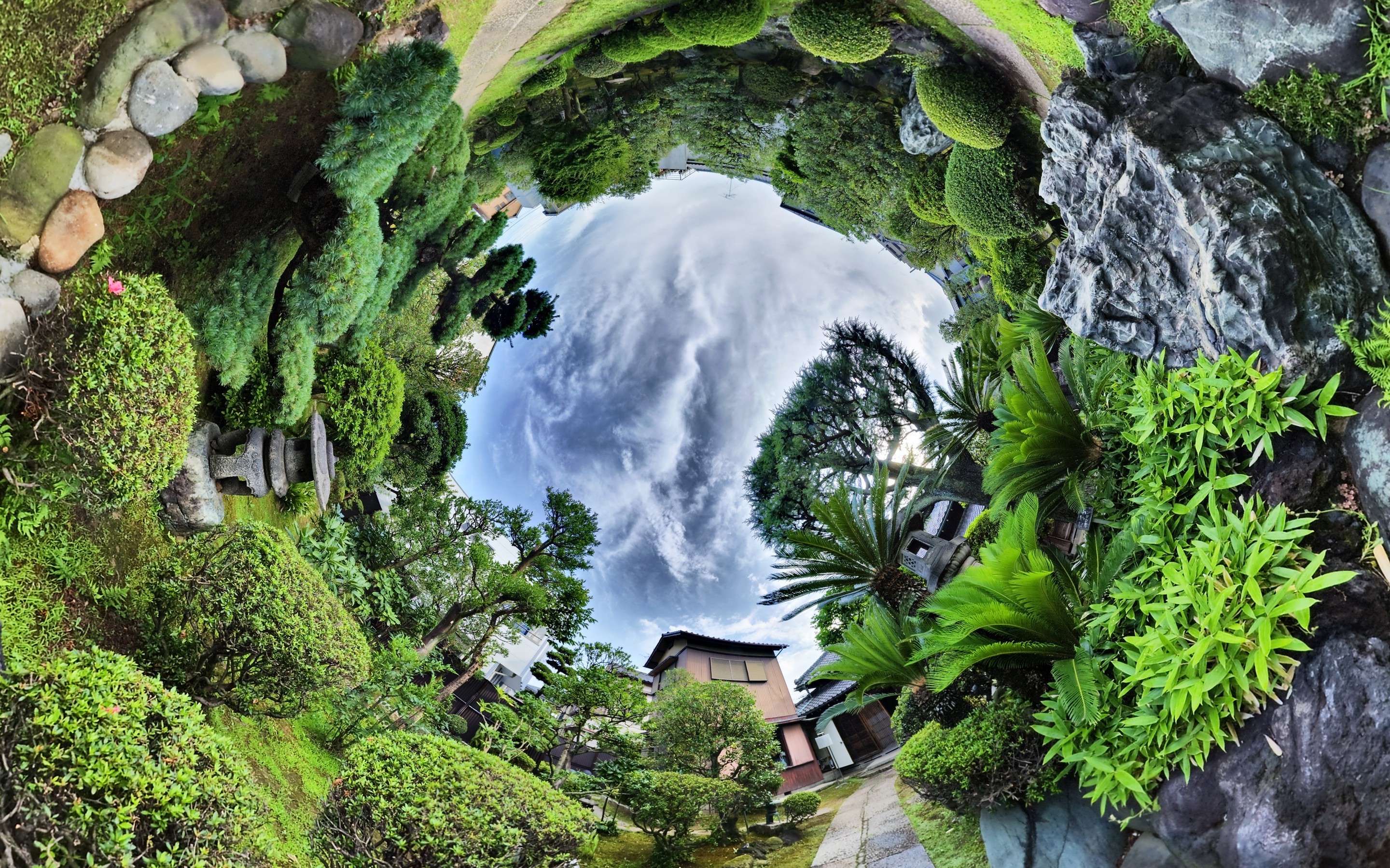 nature, Landscape, Trees, Clouds, Panoramic Sphere, Fisheye Lens, Garden, Plants, House, Stones, Palm Trees, Rock, HDR Wallpaper
