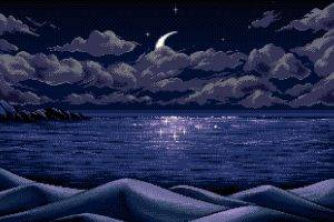 digital Art, Pixel Art, Pixels, Moon, Horizon, Blue, Reflection, Nature, Sea, Clouds, Hills, Mountains, Night, Stars, Landscape