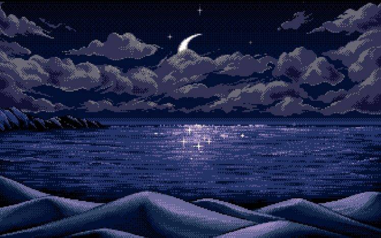 digital Art, Pixel Art, Pixels, Moon, Horizon, Blue, Reflection, Nature, Sea, Clouds, Hills, Mountains, Night, Stars, Landscape HD Wallpaper Desktop Background