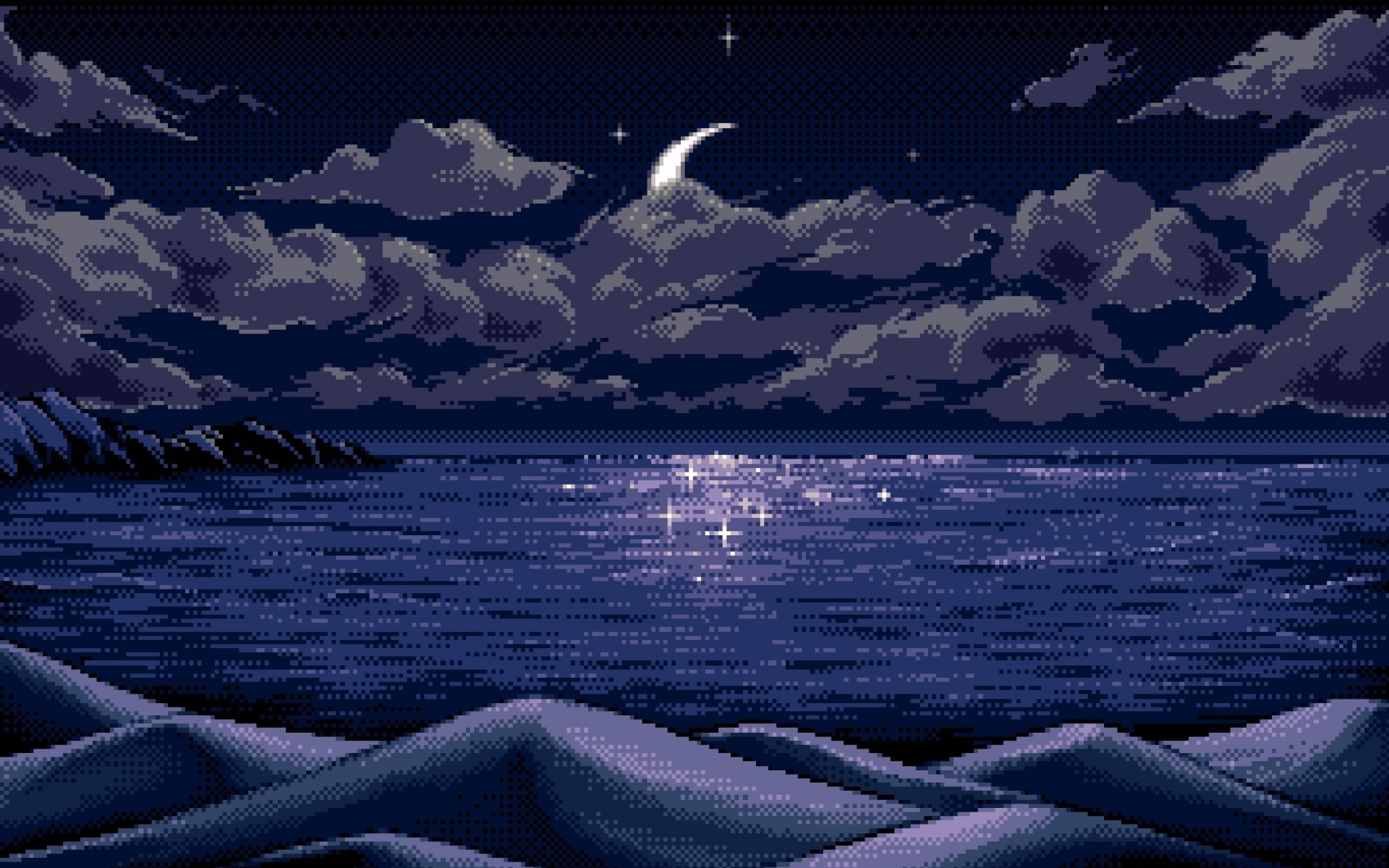 341369 Digital Art Pixel Art Pixels Moon Horizon Blue Reflection Nature Sea Clouds Hills Mountains Night Stars Landscape 