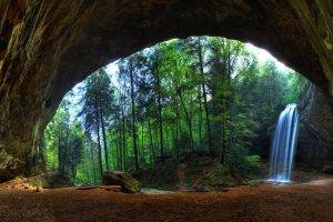 nature, Landscape, Trees, Forest, Waterfall, Cave, Long Exposure, Sand, Rock, Stream, Stones