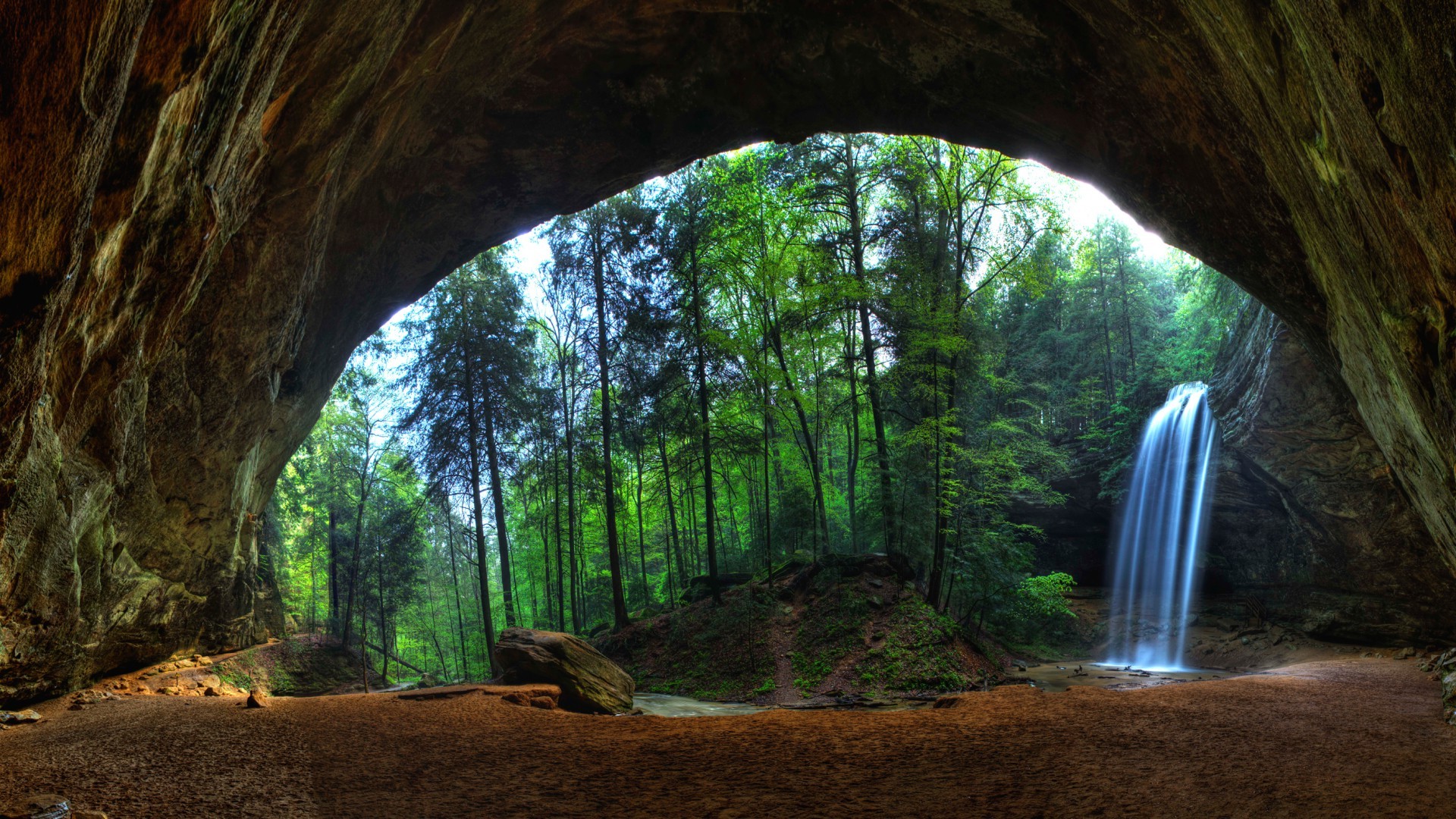 nature, Landscape, Trees, Forest, Waterfall, Cave, Long Exposure, Sand, Rock, Stream, Stones Wallpaper