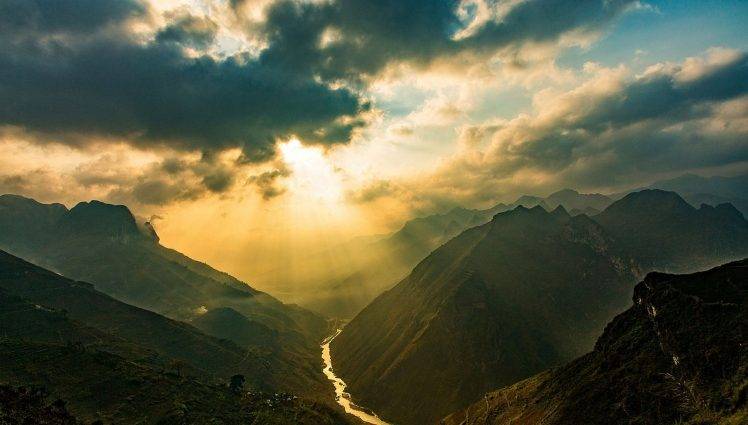 photography, Landscape, Nature, Sun Rays, Mountains, Clouds, Sunrise, River, Sunlight, Sky, Vietnam HD Wallpaper Desktop Background