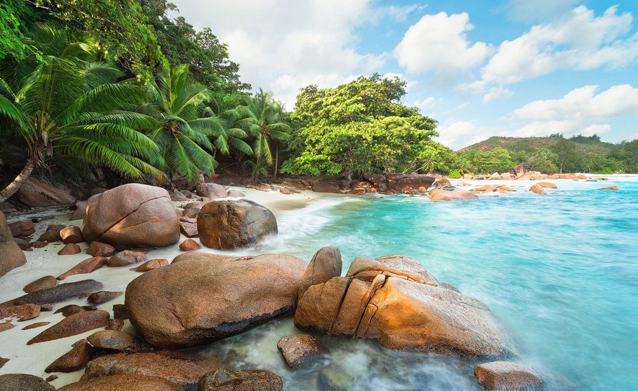photography, Landscape, Nature, Beach, Island, Palm Trees, Turquoise, Sea, Rock, Eden, Seychelles, Tropical, Summer Wallpaper
