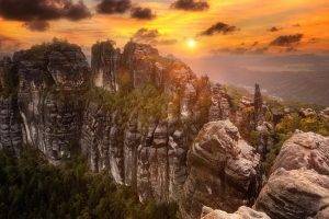 photography, Landscape, Nature, Sunrise, Forest, Sky, Rock, Cliff, Yellow, Germany