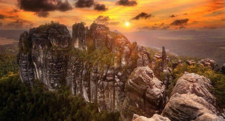 photography, Landscape, Nature, Sunrise, Forest, Sky, Rock, Cliff, Yellow, Germany HD Wallpaper Desktop Background