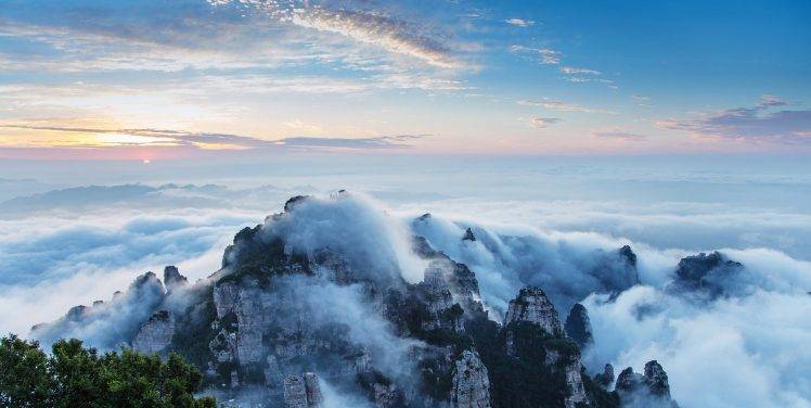 photography, Landscape, Nature, Sunrise, Mountains, Mist, Clouds, Sky, Trees, China HD Wallpaper Desktop Background