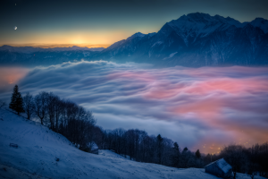 landscape, Sunrise, Mist, Snow, Mountains, Trees