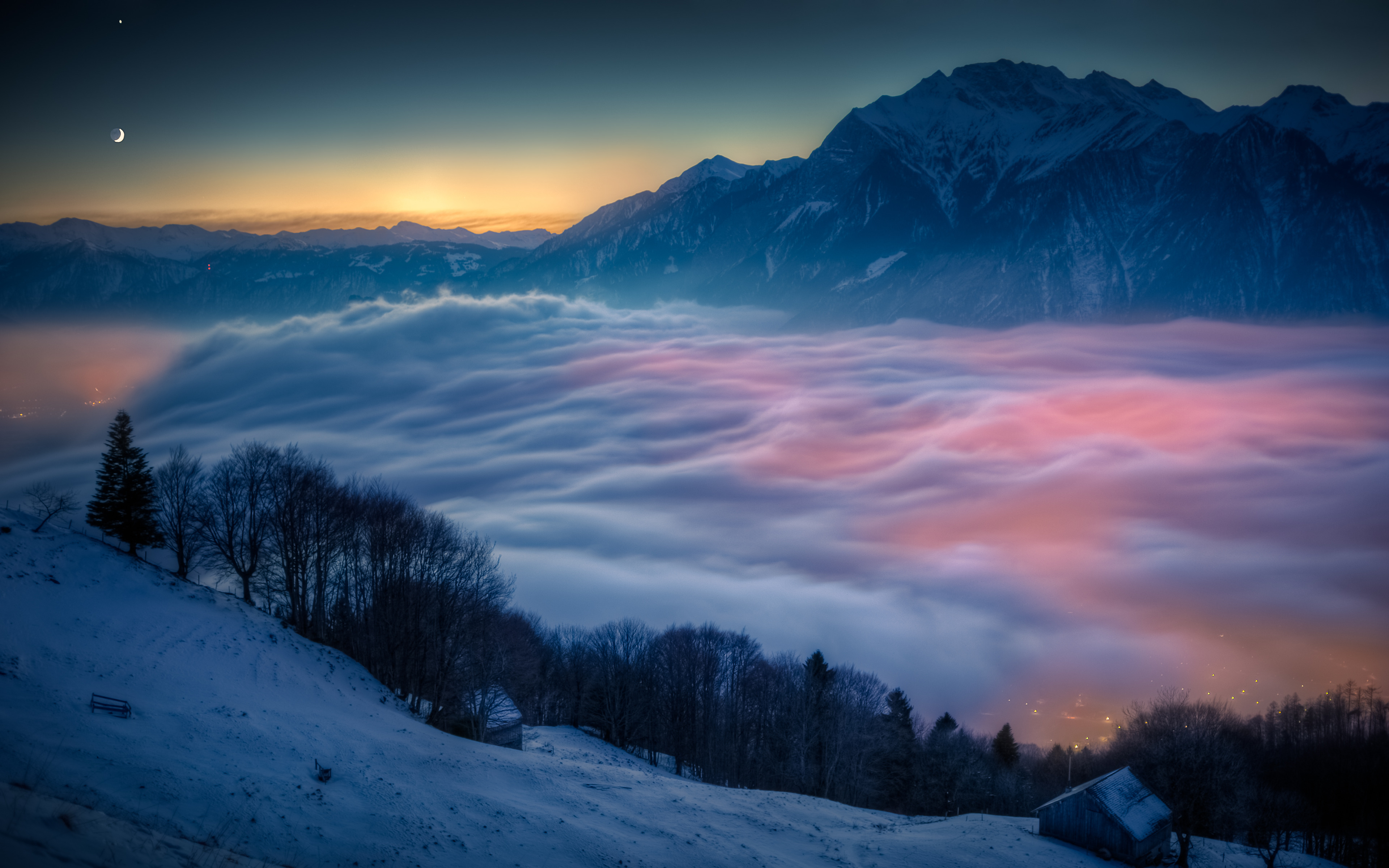 landscape, Sunrise, Mist, Snow, Mountains, Trees Wallpaper