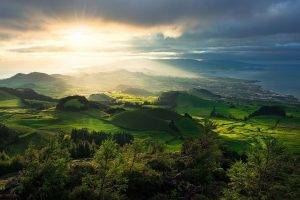 nature, Photography, Landscape, Sunrise, Hills, Trees, Green, Field, Clouds, Sunlight, Town, Sea, Island, Azores