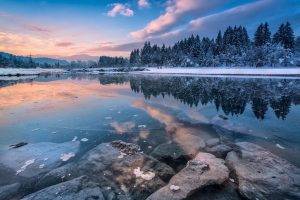 nature, Photography, Landscape, Winter, River, Sunset, Snow, Trees, Hills, Reflection, Clouds, Cold