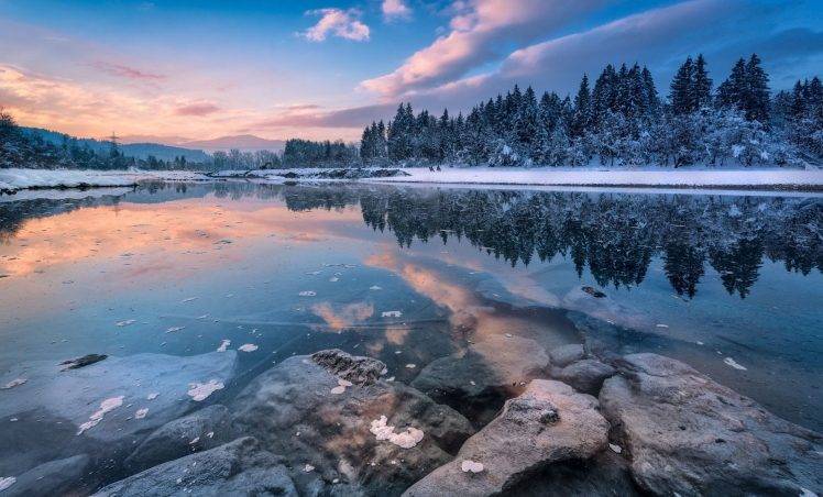 nature, Photography, Landscape, Winter, River, Sunset, Snow, Trees, Hills, Reflection, Clouds, Cold HD Wallpaper Desktop Background
