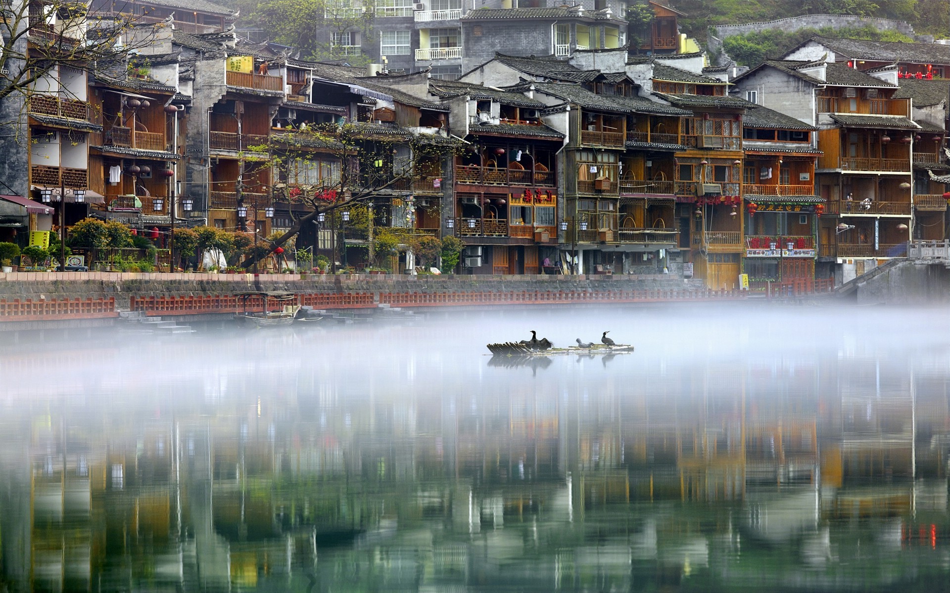 photography, Landscape, Phoenix Ancient Town, River, Mist, House, Water, Birds, Reflection, Nature, China Wallpaper