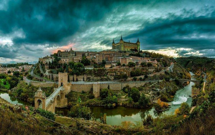 photography, Landscape, Toledo, City, River, Bridge, Building, Architecture, Hills, Sunset, Clouds, Spain HD Wallpaper Desktop Background