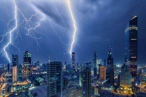 photography, Landscape, Lightning, Storm, Skyscraper, Architecture, Building, Lights, Night, Kuwait City