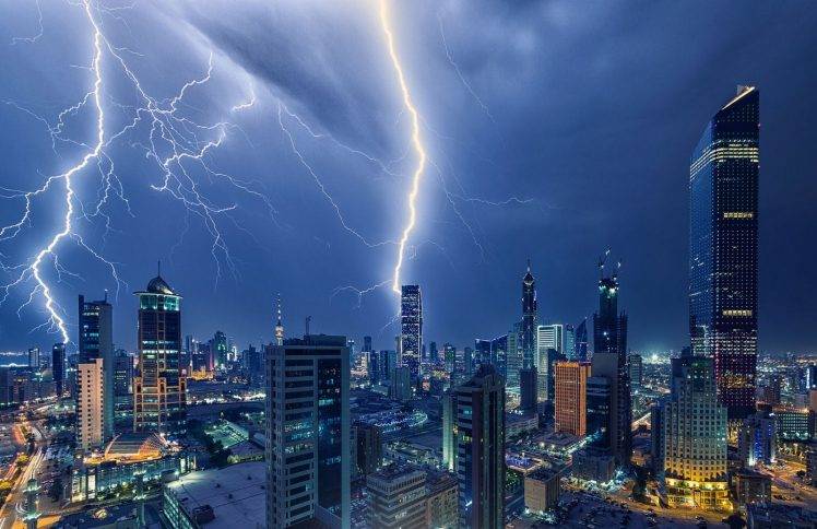 photography, Landscape, Lightning, Storm, Skyscraper, Architecture, Building, Lights, Night, Kuwait City HD Wallpaper Desktop Background
