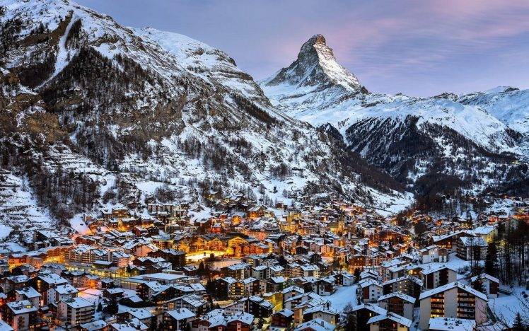 Switzerland, Mountains, Snow, Winter, Town, Matterhorn, Zermatt, Photography, Landscape, City, Lights, Architecture, Swiss Alps HD Wallpaper Desktop Background
