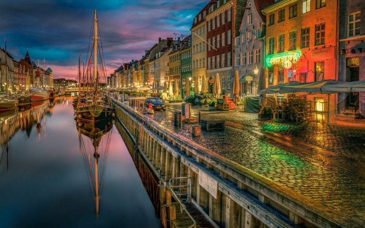 photography, Urban, Landscape, Architecture, City, Old Building, Canal, Water, Reflection, Boat, Lights, Cobblestone, Copenhagen, Denmark HD Wallpaper Desktop Background