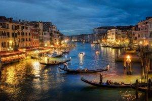 photography, Urban, Landscape, Architecture, Canal, Sea, Gondolas, Lights, Old Building, Evening, Venice, Italy