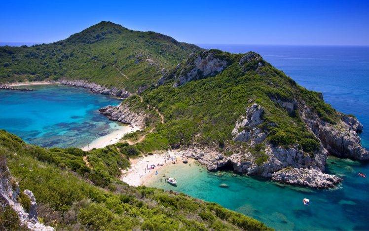 nature, Landscape, Photography, Beach, Sea, Hills, Summer, Shrubs, Boat, Blue, Sky, Sand, Island, Greece HD Wallpaper Desktop Background