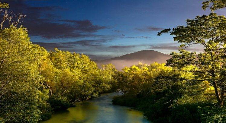 nature, Landscape, Sunset, Mist, River, Trees, Shrubs, Hills, Sunlight HD Wallpaper Desktop Background