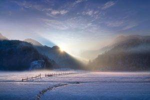 landscape, Nature, Photography, Winter, Sunset, Mountains, Mist, Snow, Forest, Sun Rays, Fence, Sunlight, Germany