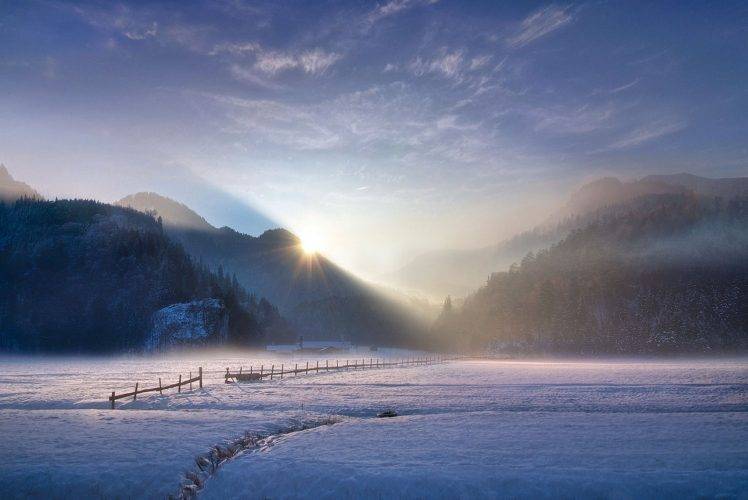 landscape, Nature, Photography, Winter, Sunset, Mountains, Mist, Snow, Forest, Sun Rays, Fence, Sunlight, Germany HD Wallpaper Desktop Background