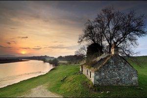 landscape, Nature, Photography, River, Sunset, Old, Abandoned, House, Trees, Grass, Sky, Sunlight, Scotland