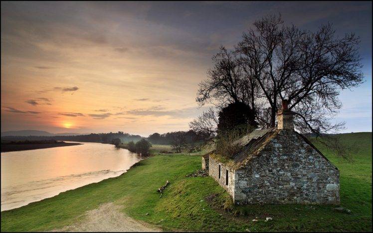 landscape, Nature, Photography, River, Sunset, Old, Abandoned, House, Trees, Grass, Sky, Sunlight, Scotland HD Wallpaper Desktop Background