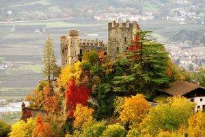 architecture, Building, Landscape, Castle, Tyrol, Italy, Ruin, Fall, Trees, House, Village, Hills, Tower, Ancient