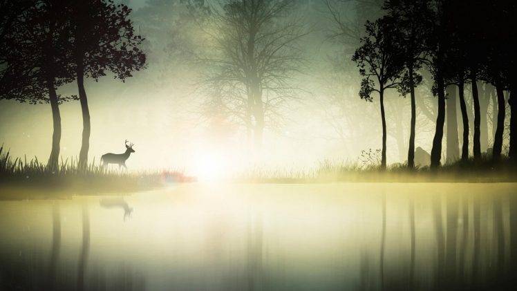 digital Art, Fantasy Art, Animals, Deer, Nature, Landscape, Trees, Water, Mist, Silhouette, Reflection HD Wallpaper Desktop Background