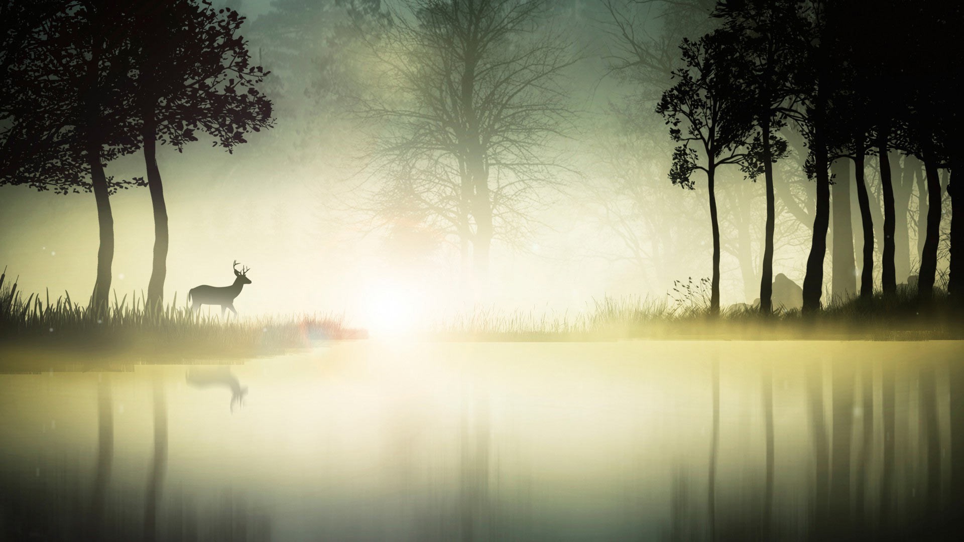 digital Art, Fantasy Art, Animals, Deer, Nature, Landscape, Trees, Water, Mist, Silhouette, Reflection Wallpaper