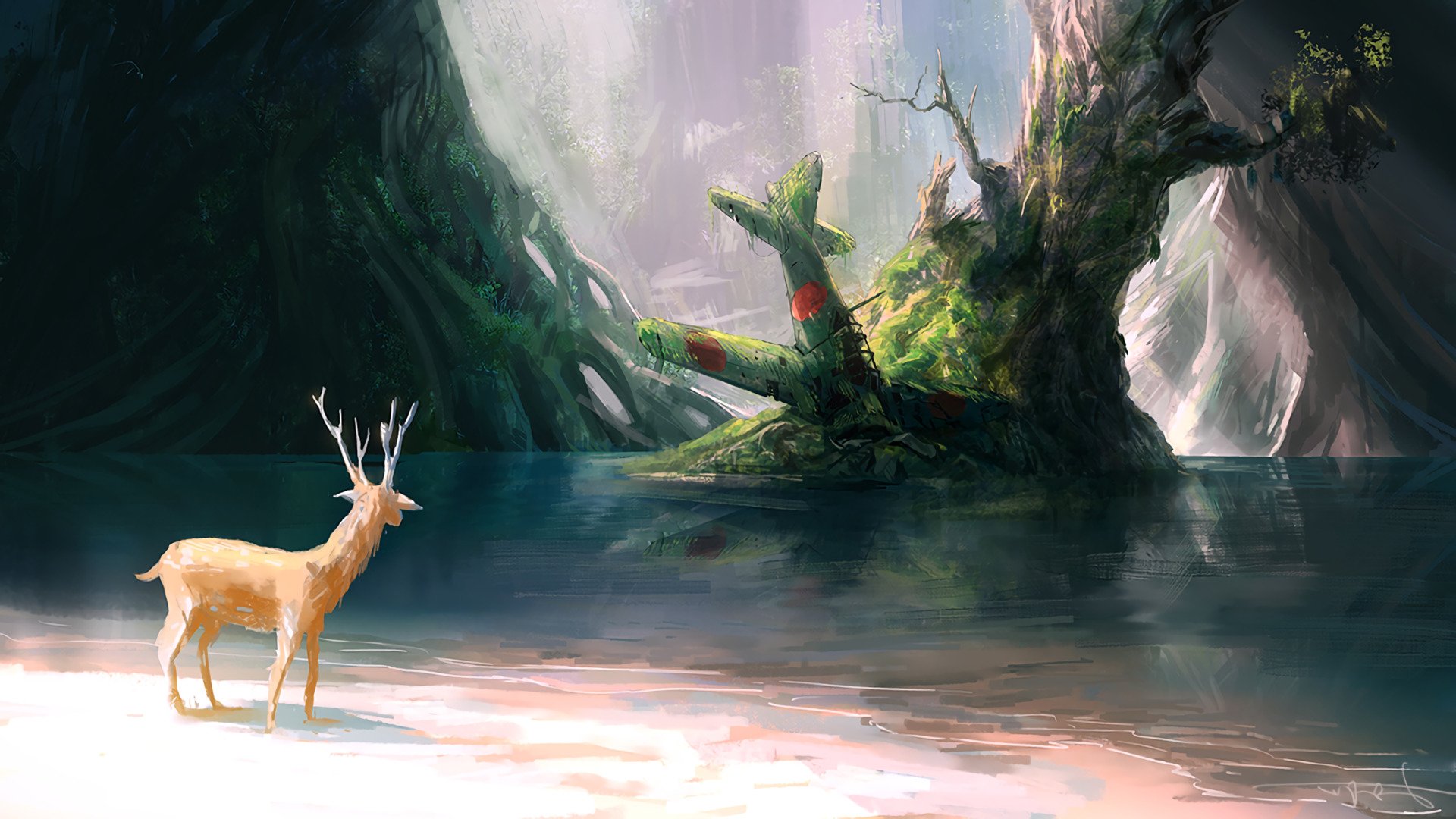 digital Art, Fantasy Art, Animals, Deer, Nature, Landscape, Trees