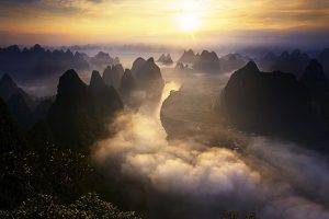 nature, Landscape, Sunrise, Mist, Mountains, River, Shrubs, Sky, Town, Road, Guilin, China