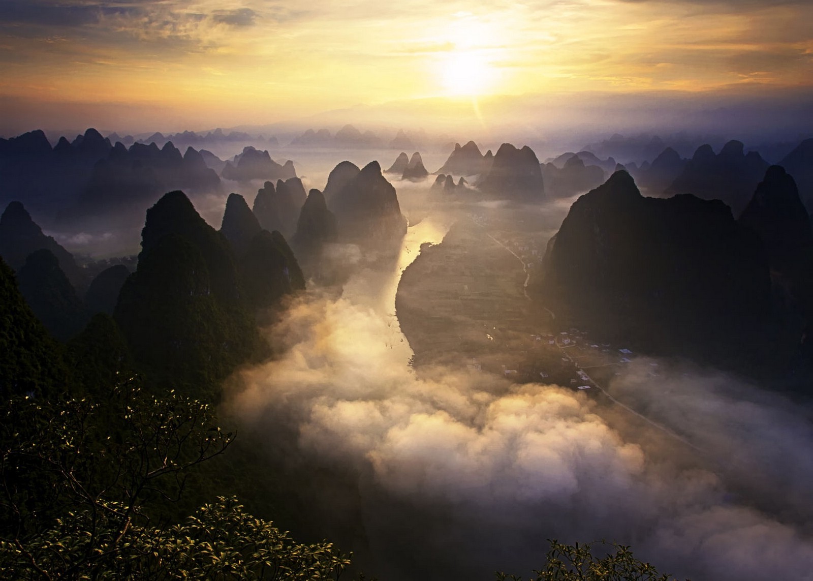 nature, Landscape, Sunrise, Mist, Mountains, River, Shrubs, Sky, Town, Road, Guilin, China Wallpaper
