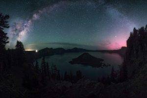 nature, Landscape, Starry Night, Milky Way, Crater Lake, Trees, Lights, Long Exposure, Oregon