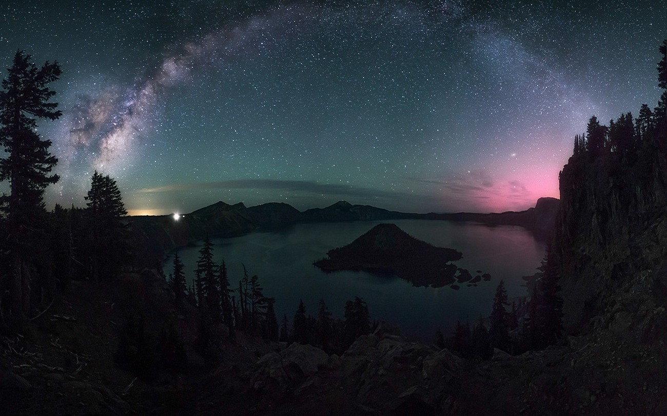nature, Landscape, Starry Night, Milky Way, Crater Lake, Trees, Lights, Long Exposure, Oregon Wallpaper