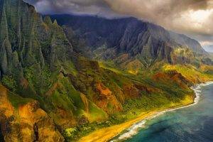 nature, Landscape, Aerial View, Mountains, Beach, Sea, Cliff, Clouds, Coast, Island, Kauai, Hawaii
