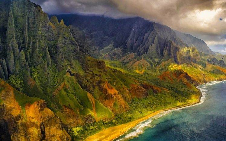 nature, Landscape, Aerial View, Mountains, Beach, Sea, Cliff, Clouds, Coast, Island, Kauai, Hawaii HD Wallpaper Desktop Background