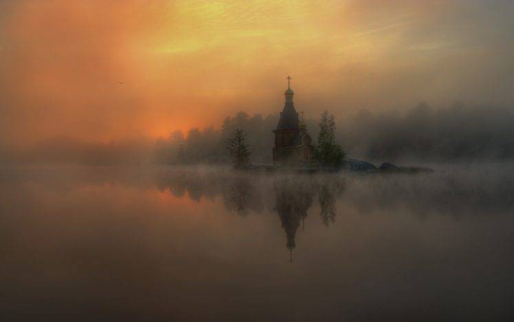 landscape, Nature, Mist, River, Sunrise, Church, Reflection, Sunlight, Russia HD Wallpaper Desktop Background