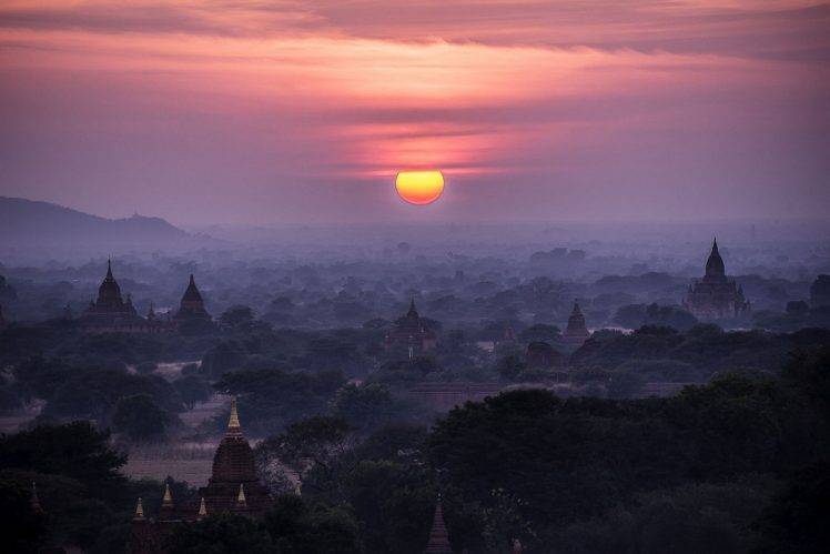 landscape, Nature, Sunrise, Mist, Clouds, Sky, Temple, Buddhism, Trees, Valley, Bagan, Myanmar HD Wallpaper Desktop Background