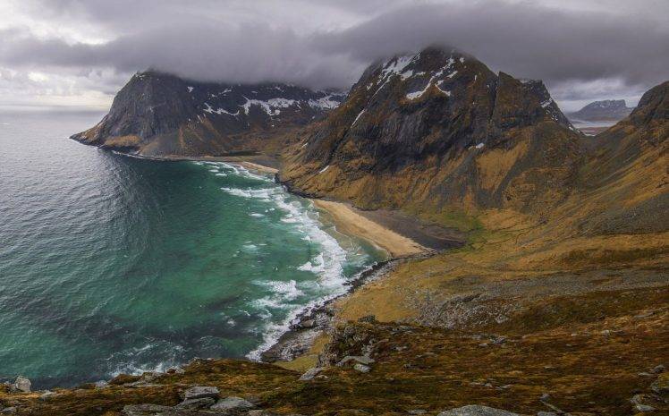 landscape, Nature, Beach, Sand, Sea, Mountains, Clouds, Lofoten Islands, Norway HD Wallpaper Desktop Background
