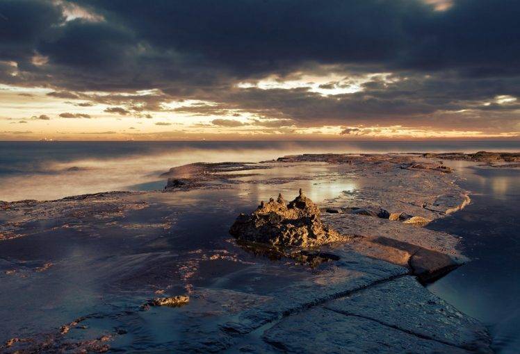 landscape, Nature, Sunset, Sea, Clouds, Rock, Sunlight, Ship HD Wallpaper Desktop Background