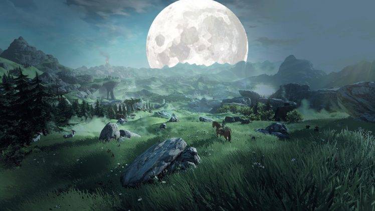 fantasy Art, Painting, The Legend Of Zelda, Moon, Rock, Landscape HD Wallpaper Desktop Background