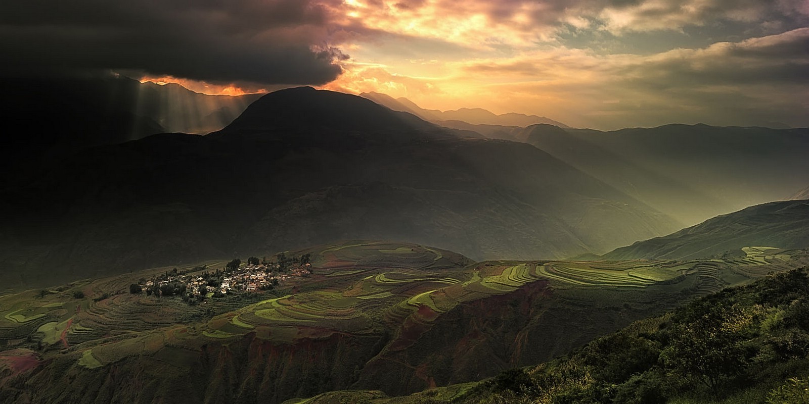 landscape, Nature, Sunrise, Village, Mountains, Terraces, Rice, Sun Rays, Clouds, Sky, Sunlight, Field, China Wallpaper