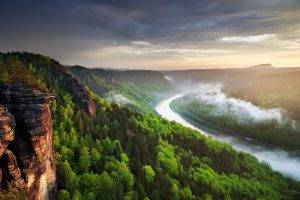landscape, Nature, River, Canyon, Forest, Mist, Cliff, Clouds, Sunset, Spring, Czech Republic