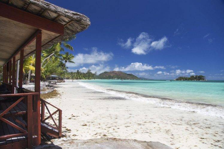 landscape, Nature, Tropical, Beach, White, Sand, Sea, Palm Trees, Island, Summer, Bungalow, Seychelles HD Wallpaper Desktop Background