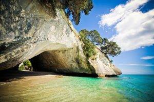 nature, Landscape, Photography, Cave, Rock, Trees, Beach, Sea, Sand, Clouds, New Zealand