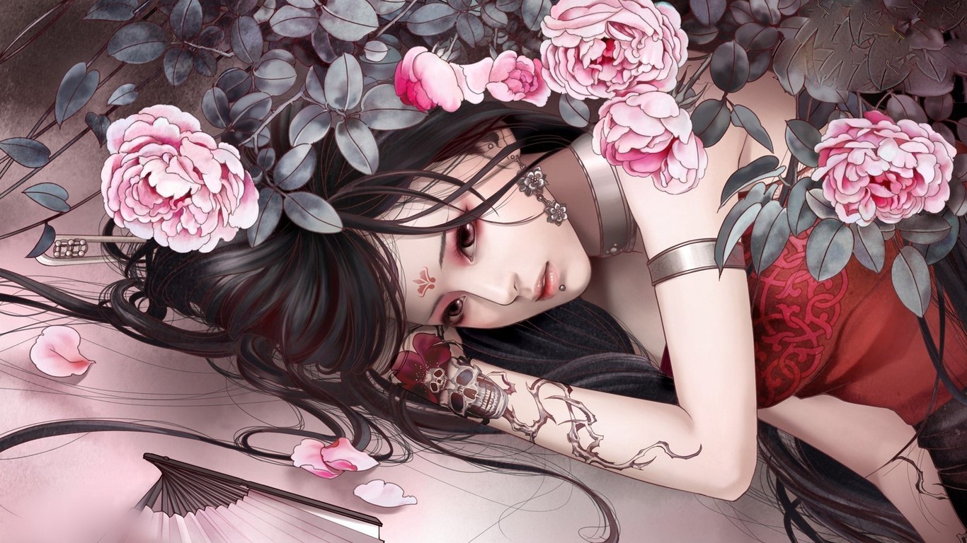 anime Girls, Tattoo, Flowers, Piercing Wallpaper