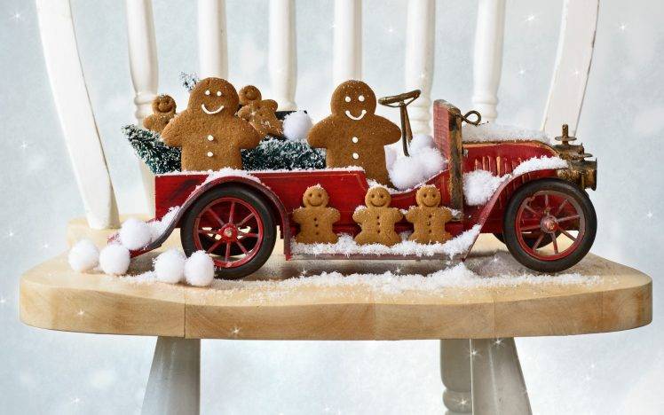 New Year, Snow, Gingerbread, Chair, Cookies, Old Car HD Wallpaper Desktop Background